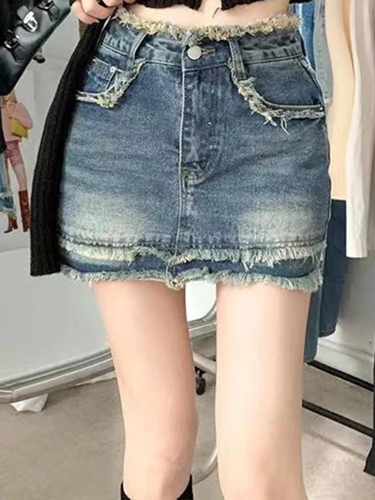 High-waist denim skirt with tassel edge