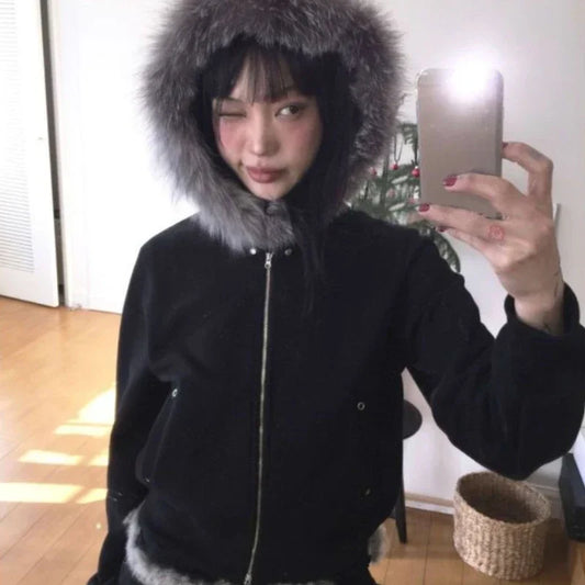 KOSAHIKI -  Fur Patchwork Double-Zip Sweatshirt