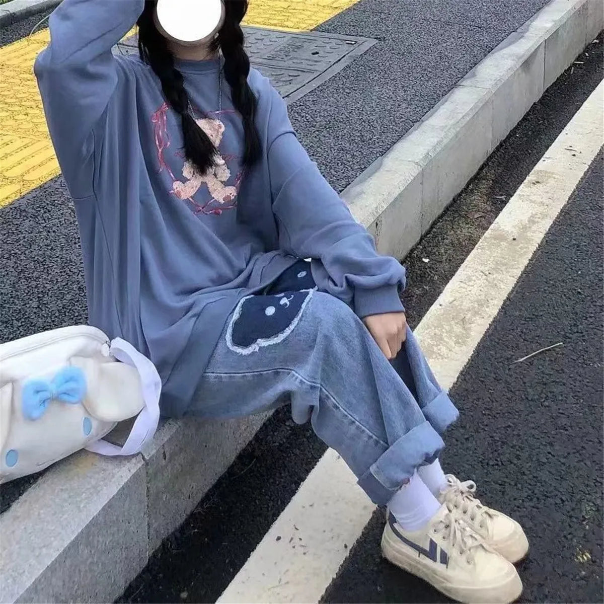 Harajuku-Style Baggy Jeans mit süßem Hip-Hop-Bären-Design