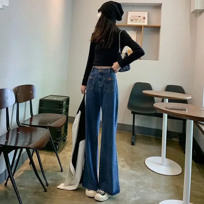 Blue high-waist straight-leg jeans