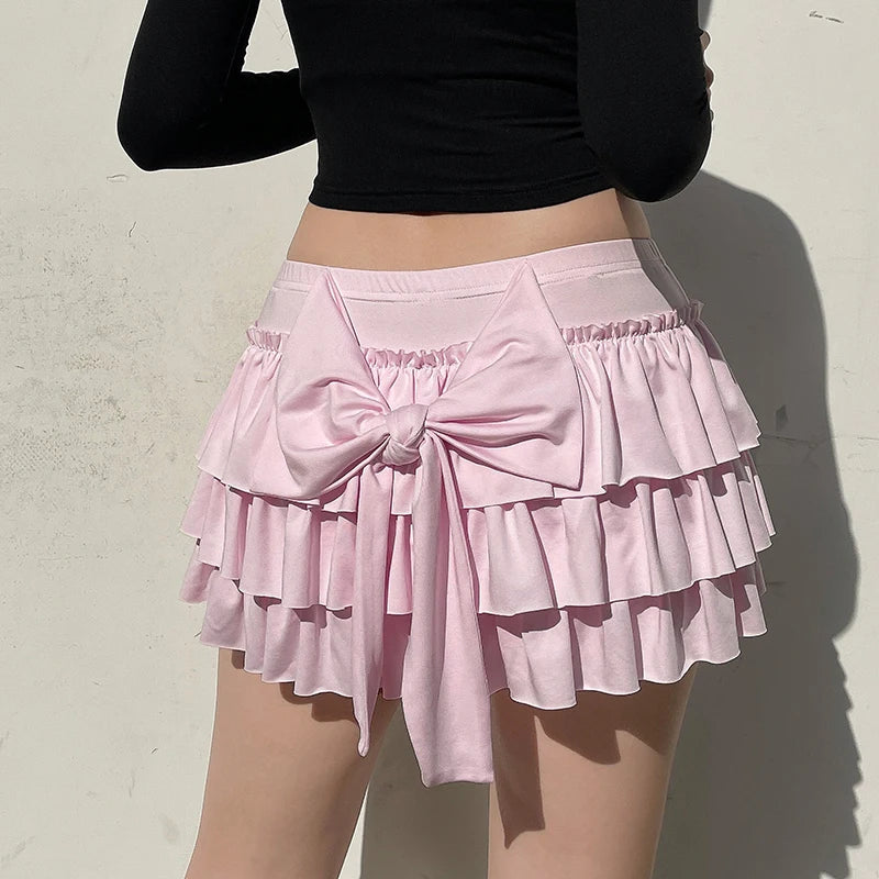 IAMHOTTY - Pink Bow Low-Waisted Mini Skirt 