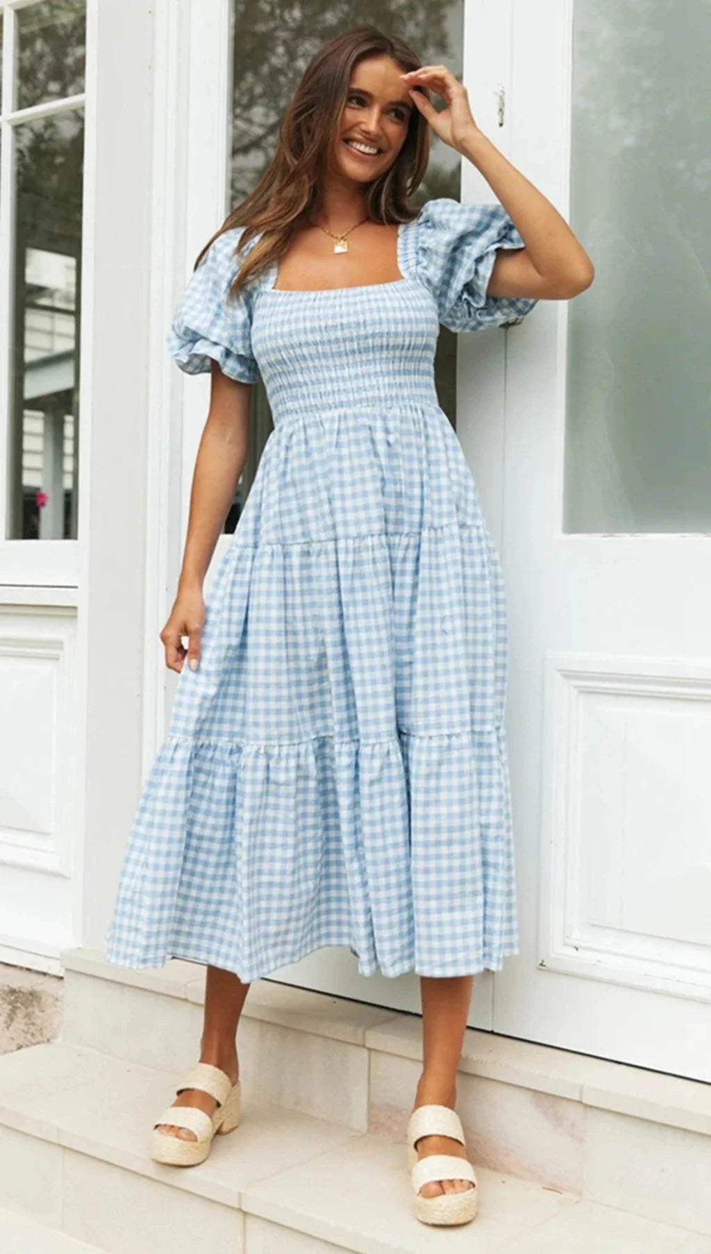 Spring Plaid Puff Sleeve Dress