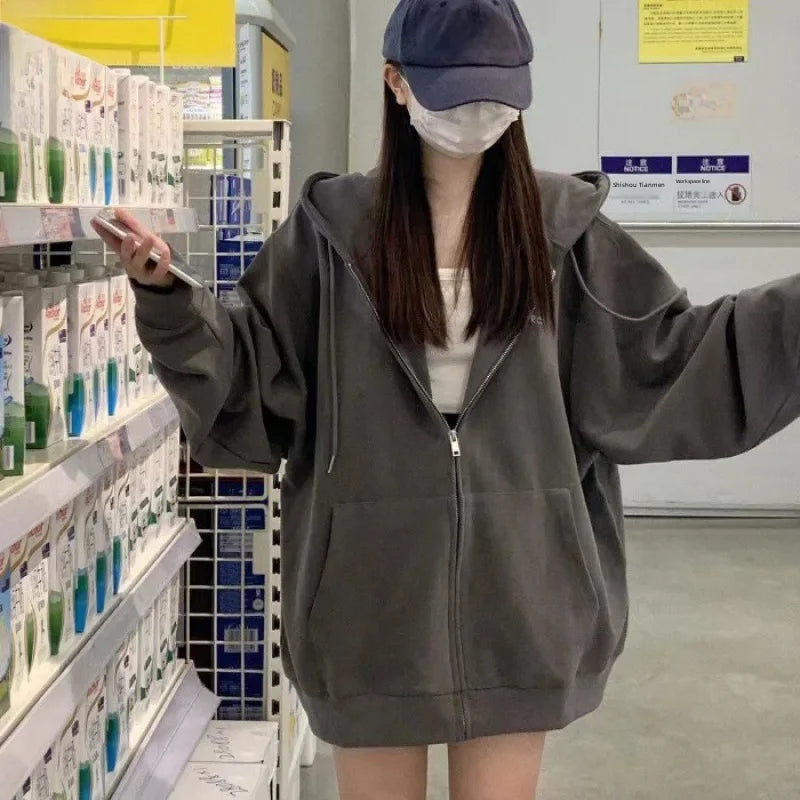 Oversized Loose-Fit Hooded Sweatshirt Jacket