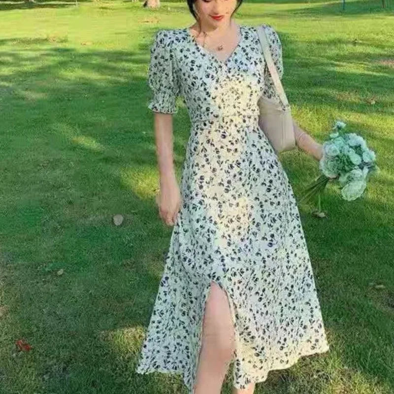 Square Neck Fragmented Flower Dress