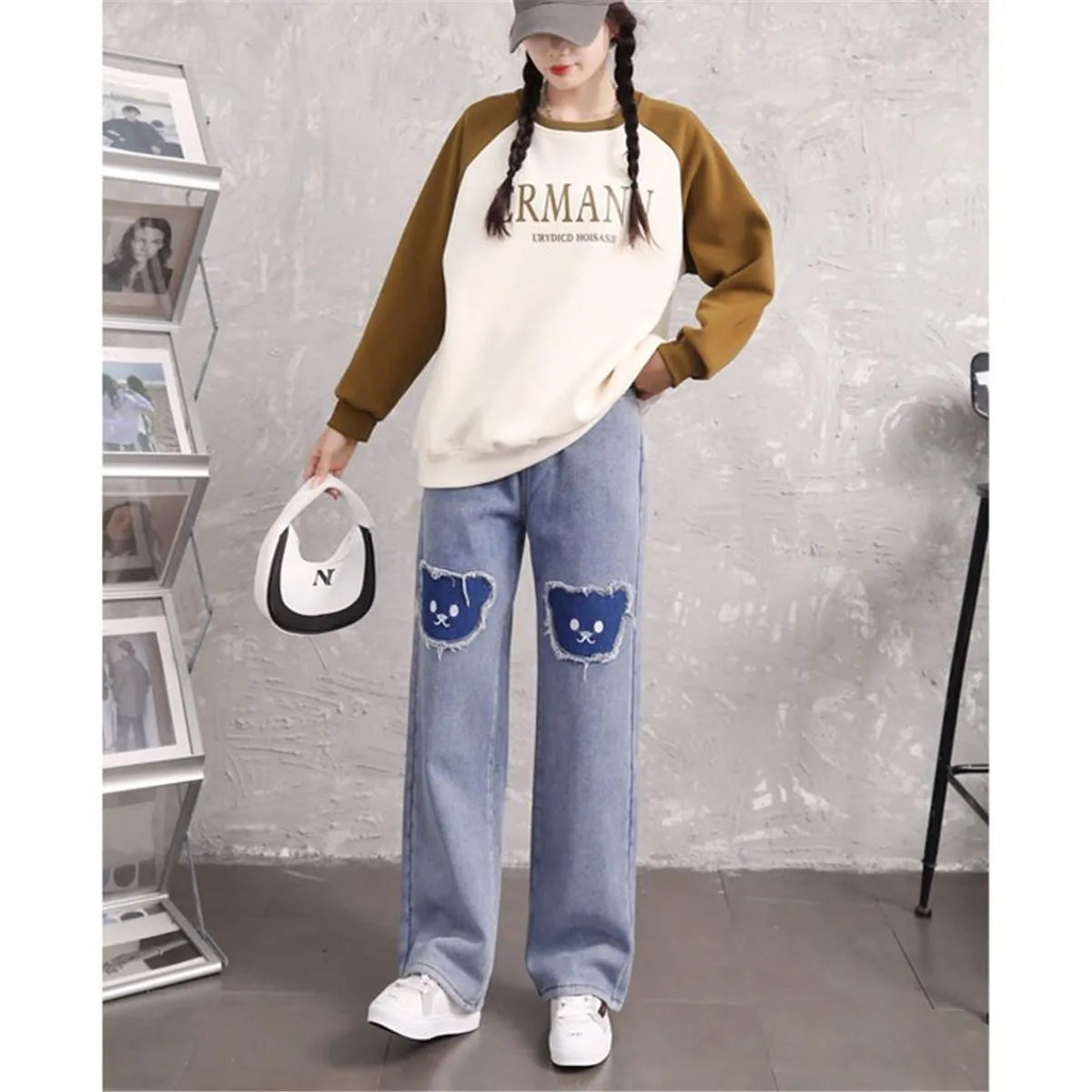 Harajuku-Style Baggy Jeans mit süßem Hip-Hop-Bären-Design