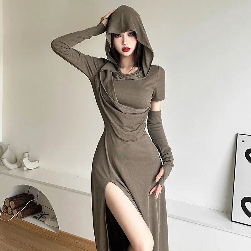 Hooded off-shoulder split long dress