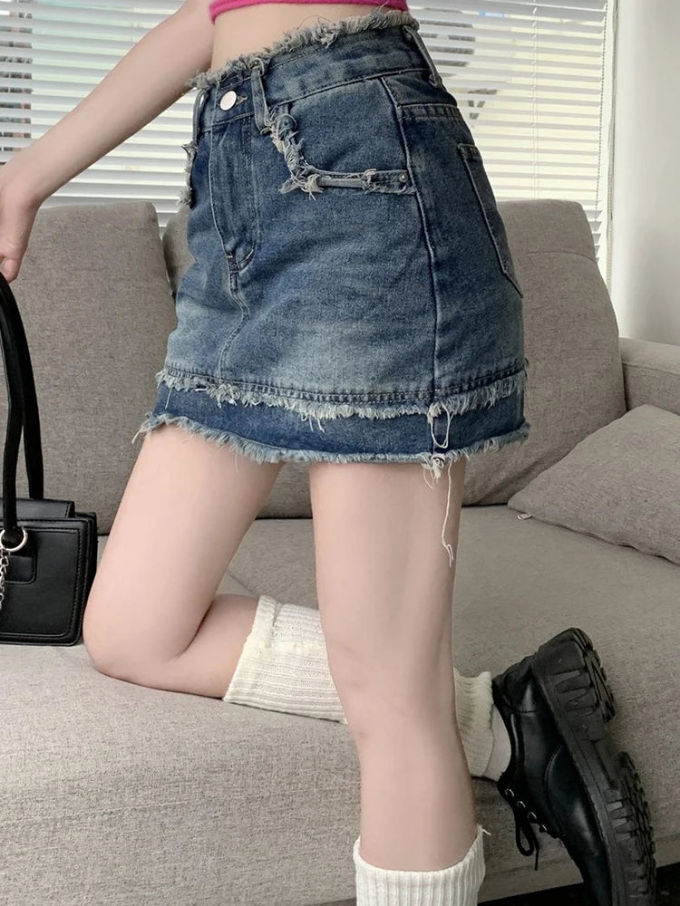 High-waist denim skirt with tassel edge