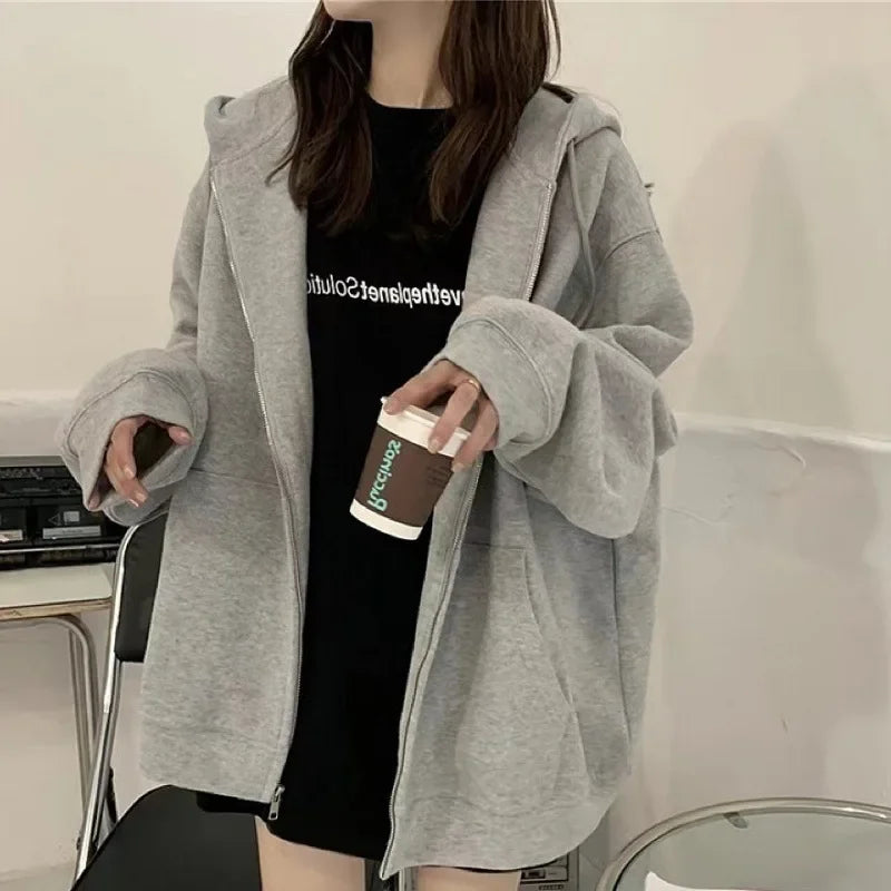 Oversized Loose-Fit Hooded Sweatshirt Jacket