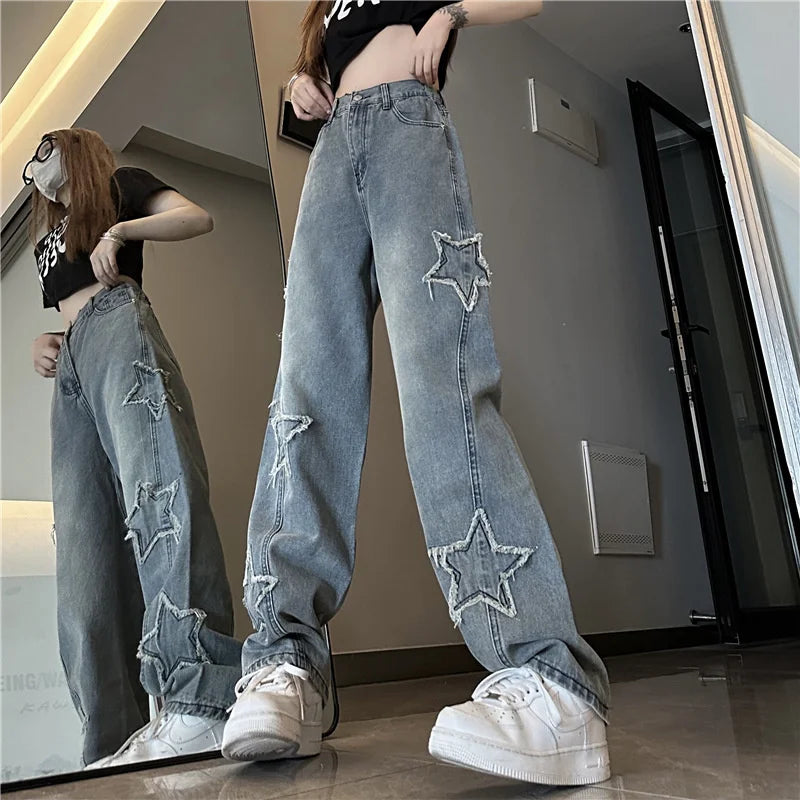 Dafify - Blue Star Embroidered Wide-Leg Jeans