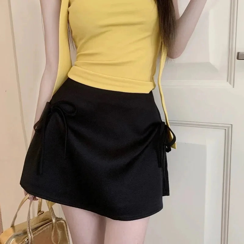 Bow Lace-Up Satin Mini Skirt