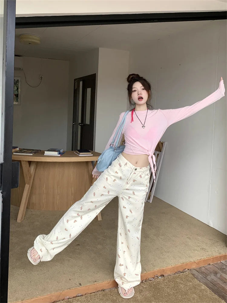 Dicloud - Pink Printed Wide-Leg Jeans