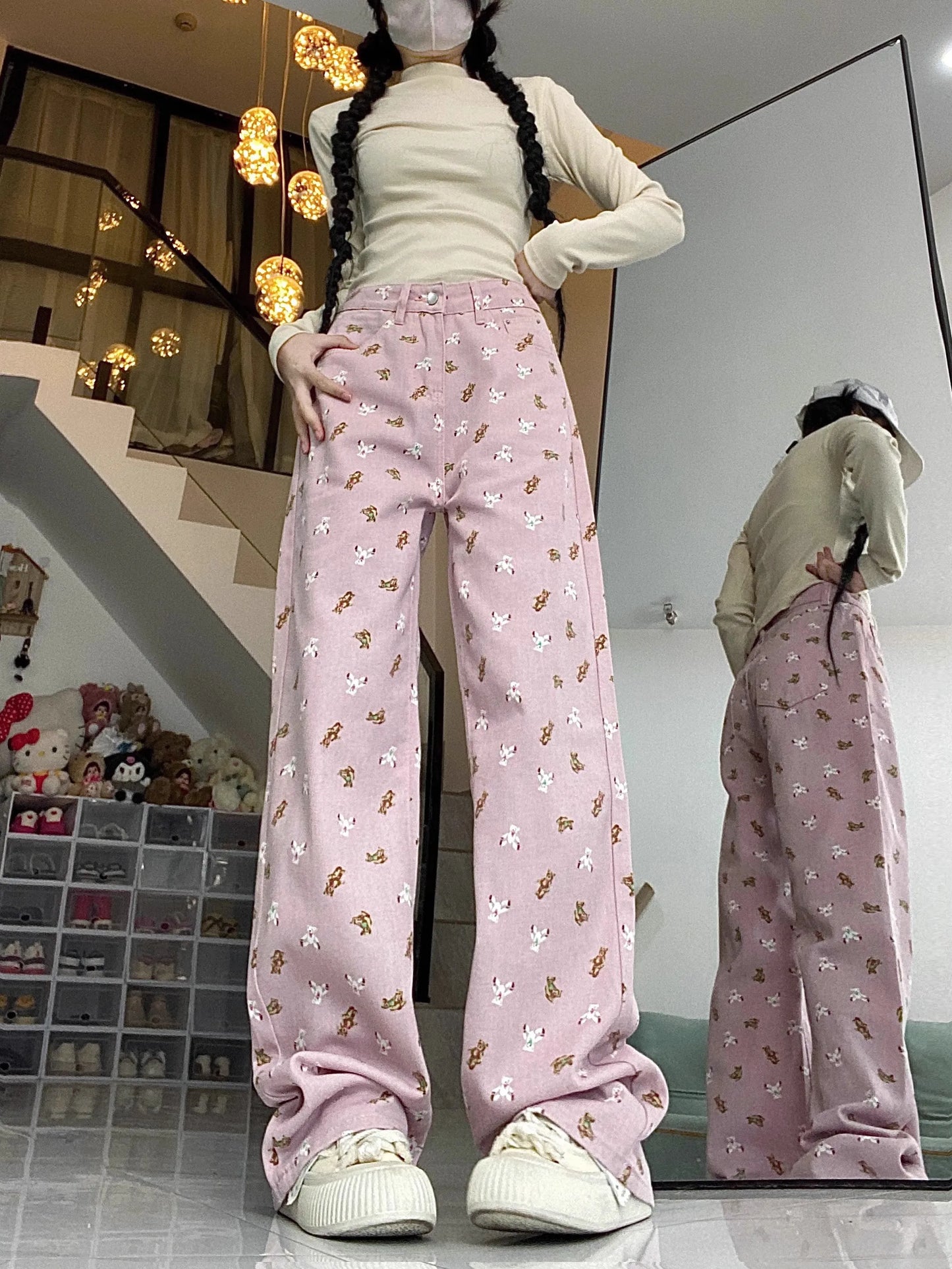 Dicloud - Pink Printed Wide-Leg Jeans