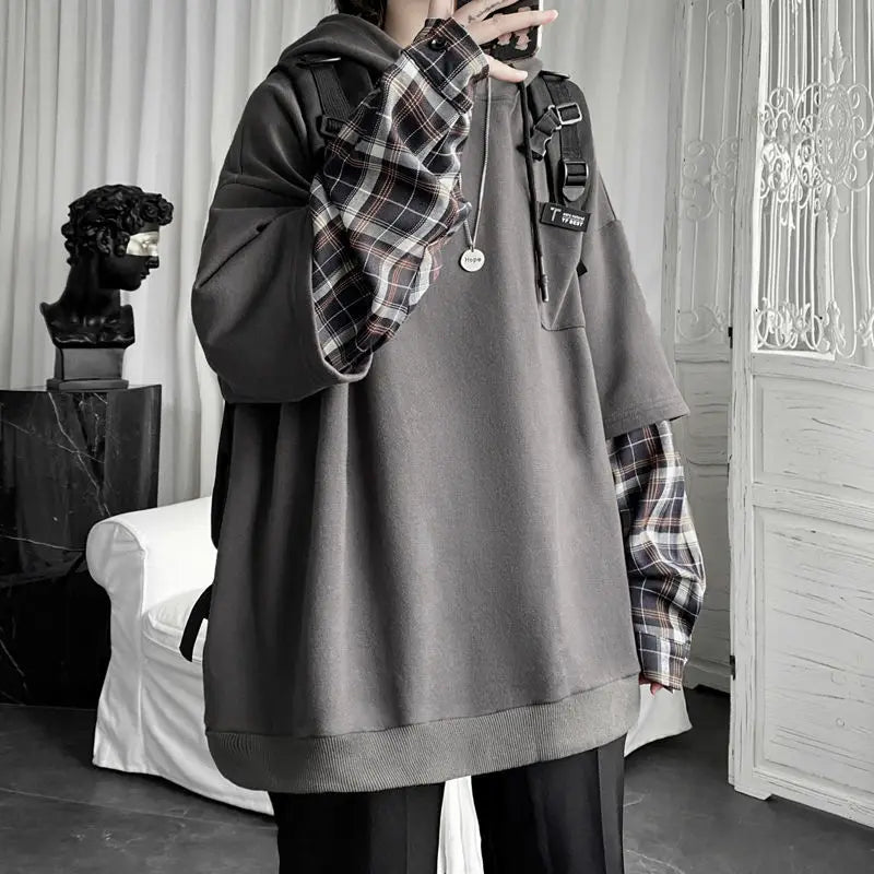 KOSAHIKI - Oversized Plaid Sleeve Hoodie