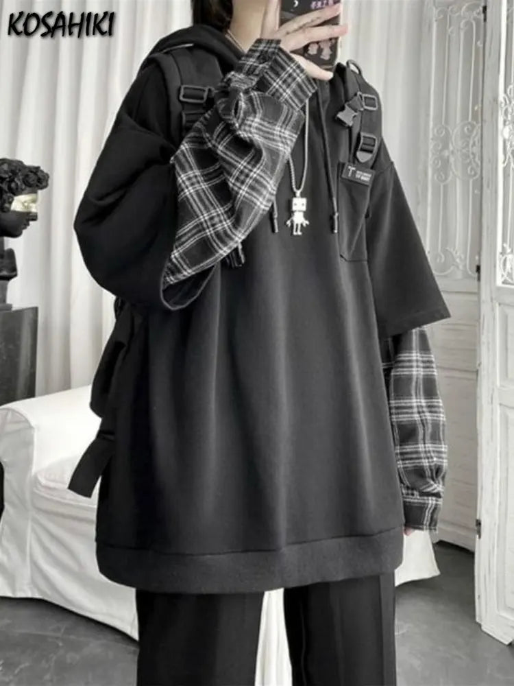 KOSAHIKI - Oversized Plaid Sleeve Hoodie