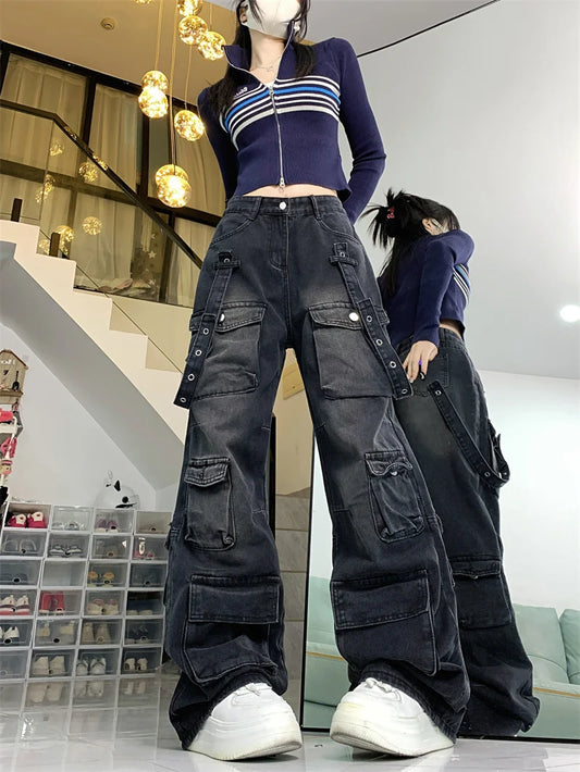 Cargo Pants - Dark Gray Wide-Leg Y2K Jeans