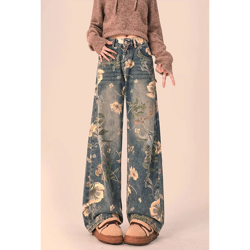 Vintage Floral High-Waist Wide-Leg Jeans