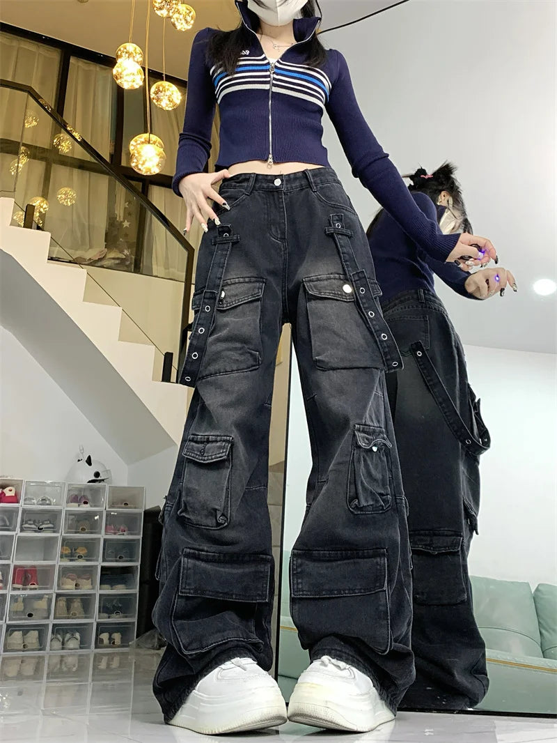 Cargo Pants - Dark Gray Wide-Leg Y2K Jeans