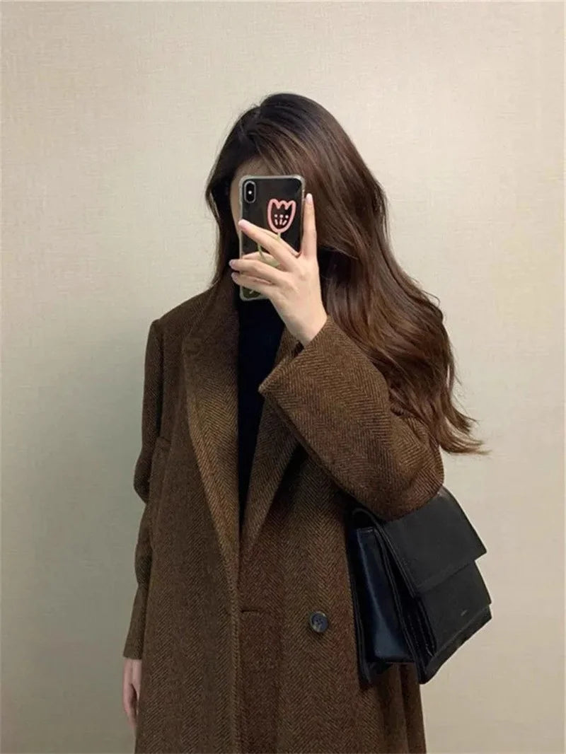 Lapel Collar Woolen Coat - Coffee Colored Mid-Length Overcoat