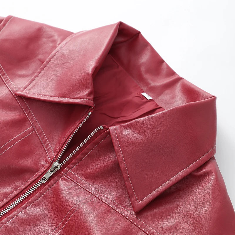 Red Zipper Pocket Leather Jacket 