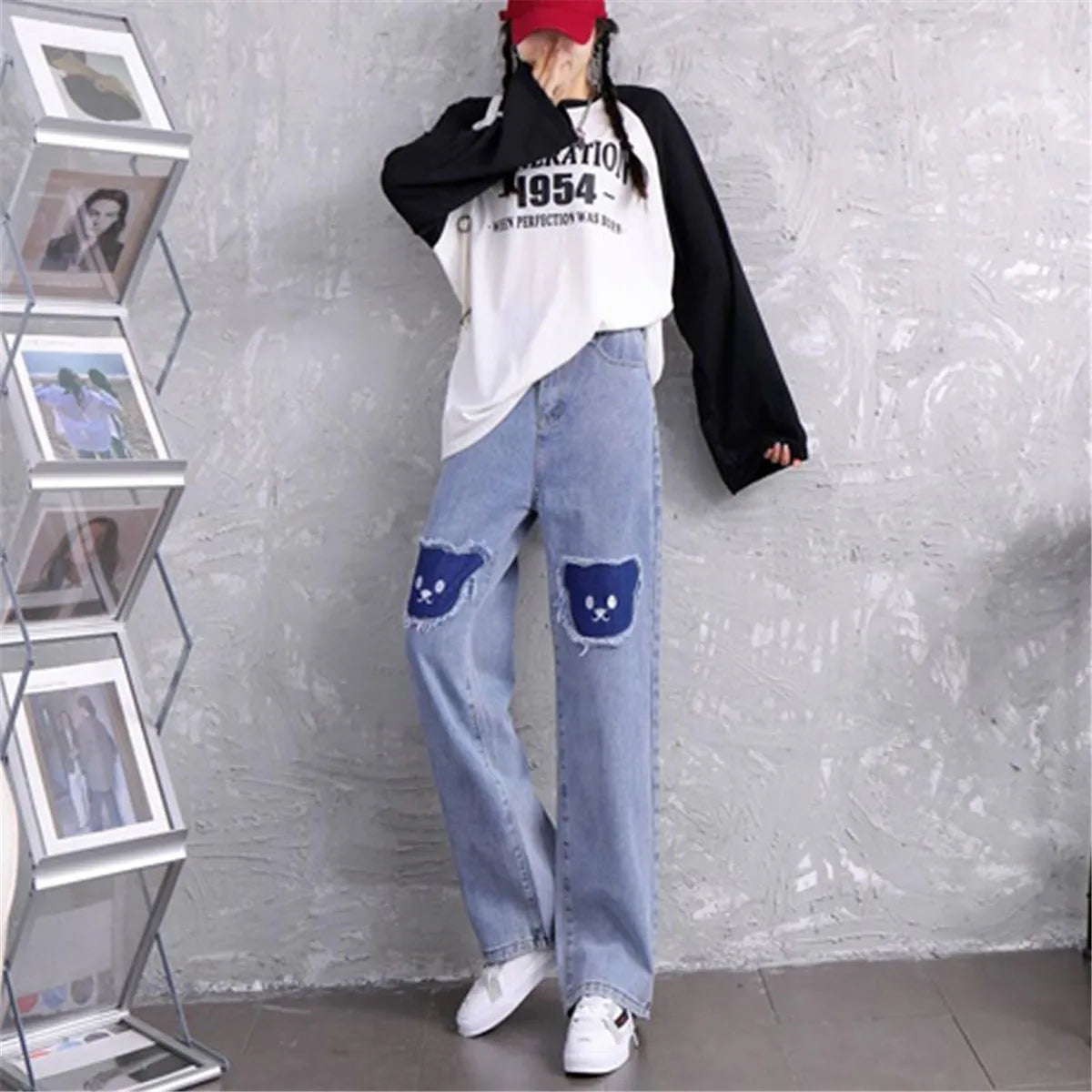 Harajuku-Style Baggy Jeans mit süßem Hip-Hop-Bären-Design