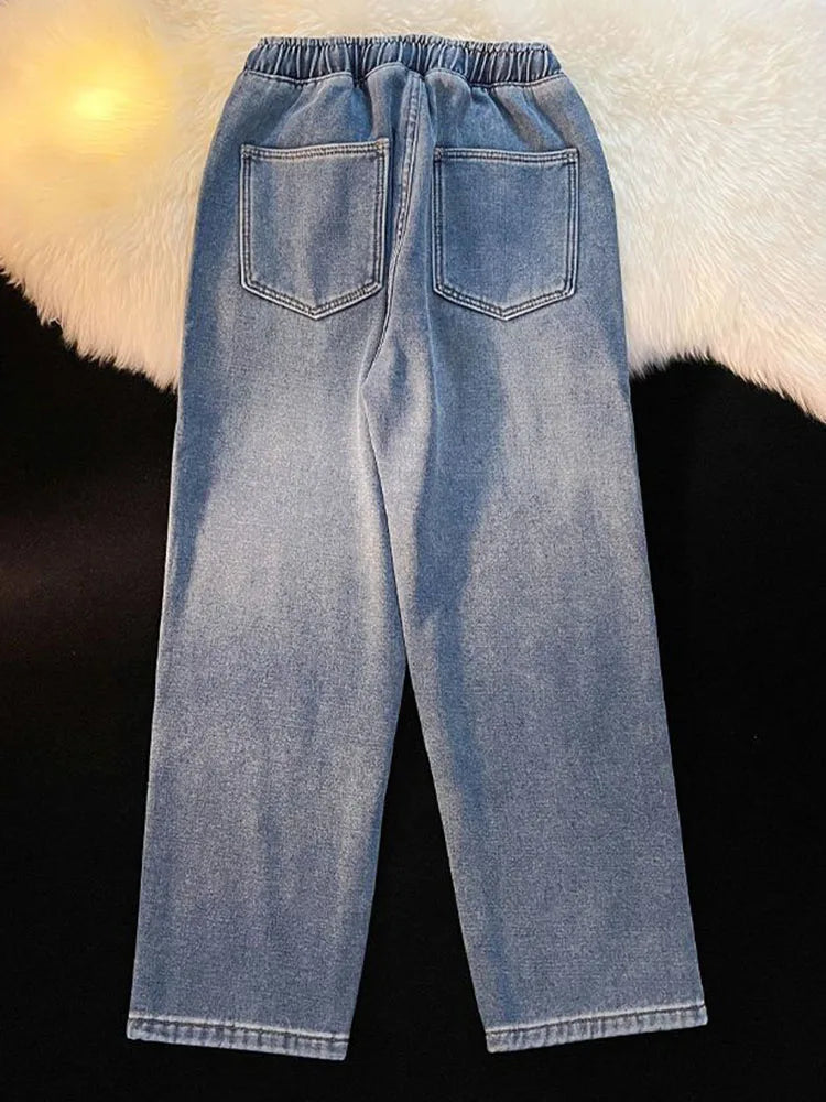 Winter wide-leg plush-lined jeans