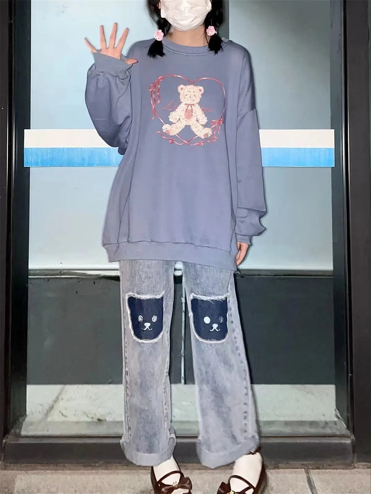 Harajuku-Style Baggy Jeans mit süßem Hip-Hop-Bären-Design