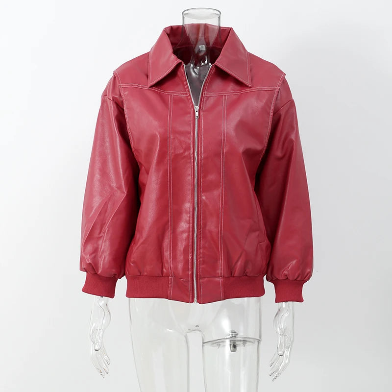 Red Zipper Pocket Leather Jacket 