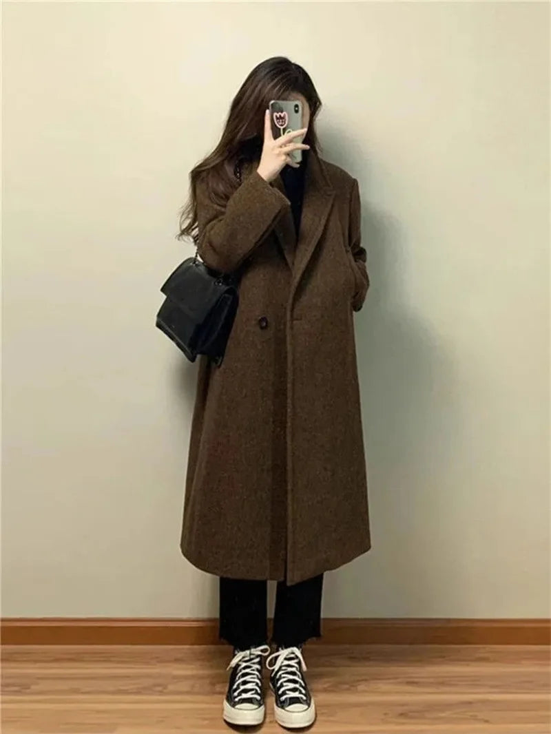 Lapel Collar Woolen Coat - Coffee Colored Mid-Length Overcoat