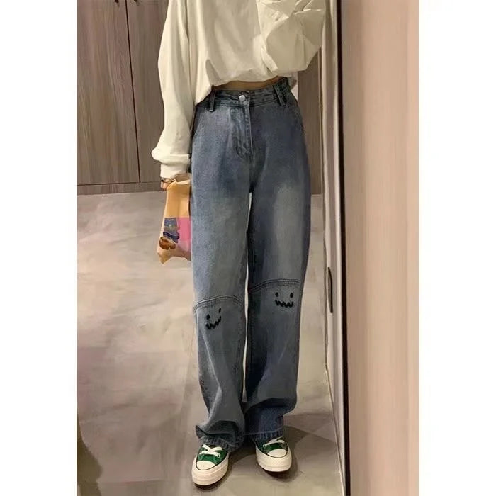 Personality Letter Jeans - High-Waisted Wide-Leg Trousers 