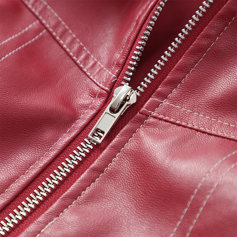 Red Zipper Pocket Leather Jacket 