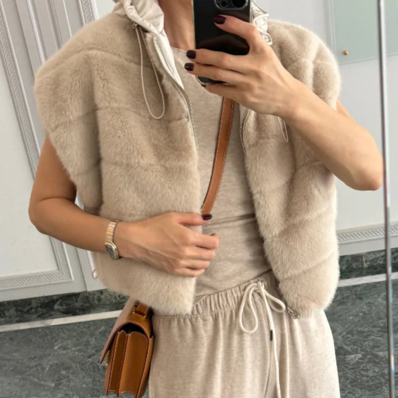 EWQ - Hooded Sleeveless Mink Fur Vest