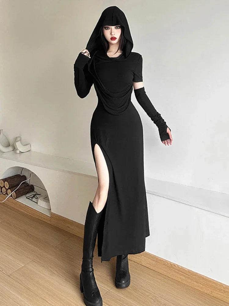 Hooded off-shoulder split long dress