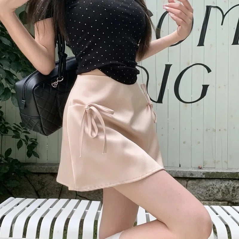 Bow Lace-Up Satin Mini Skirt