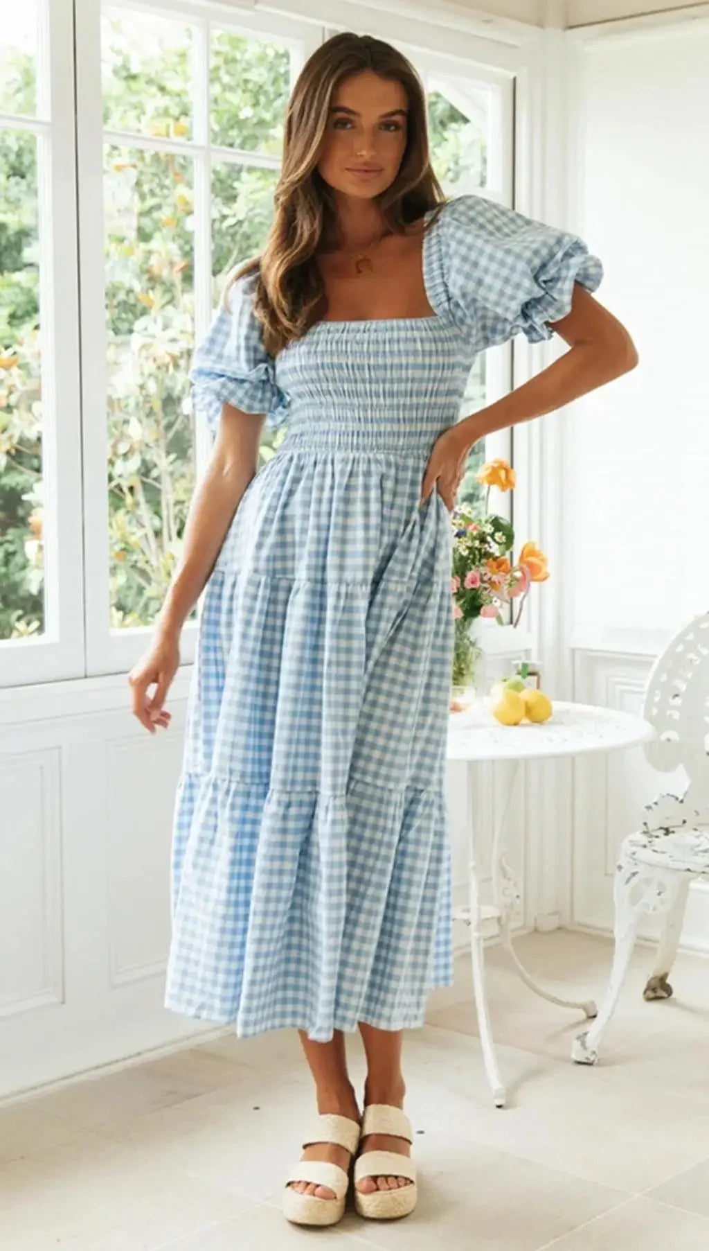 Spring Plaid Puff Sleeve Dress