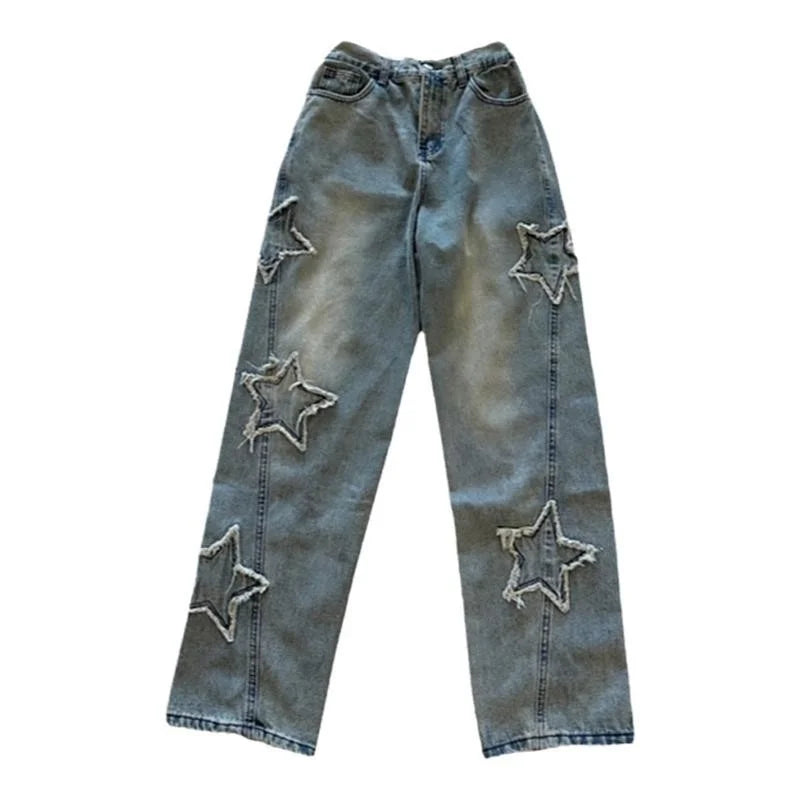 Dafify - Blue Star Embroidered Wide-Leg Jeans