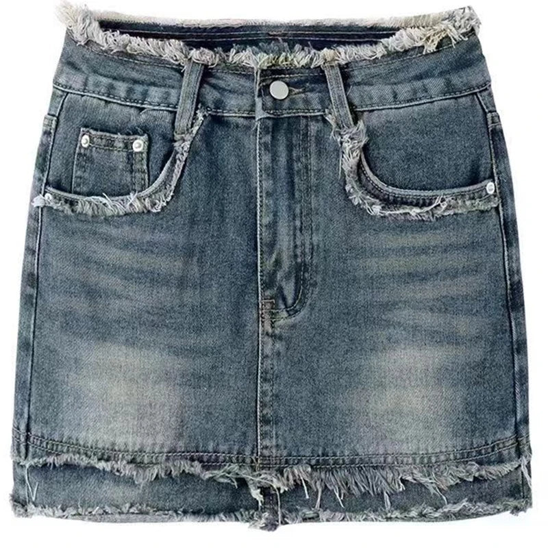 High-waist denim skirt with tassel edge