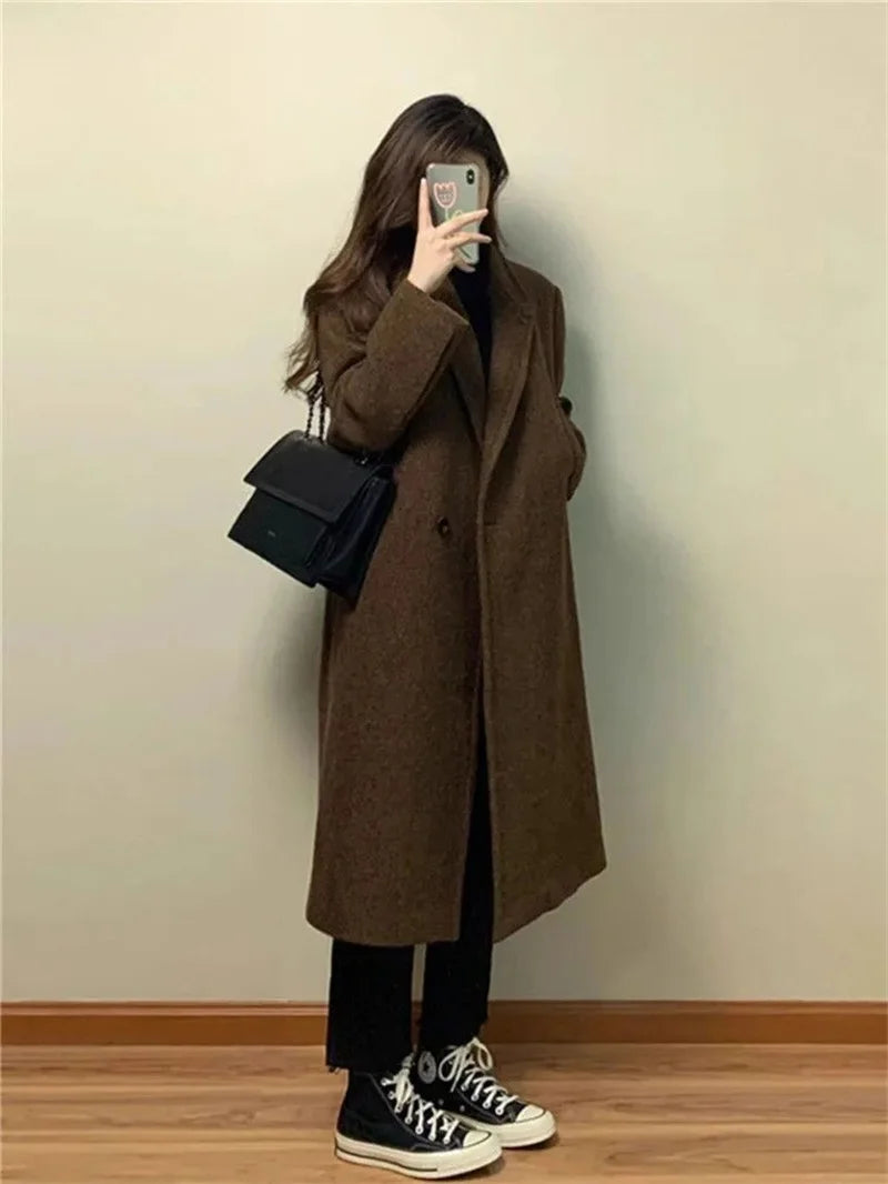 Lapel Collar Woolen Coat - Coffee Colored Mid-Length Overcoat