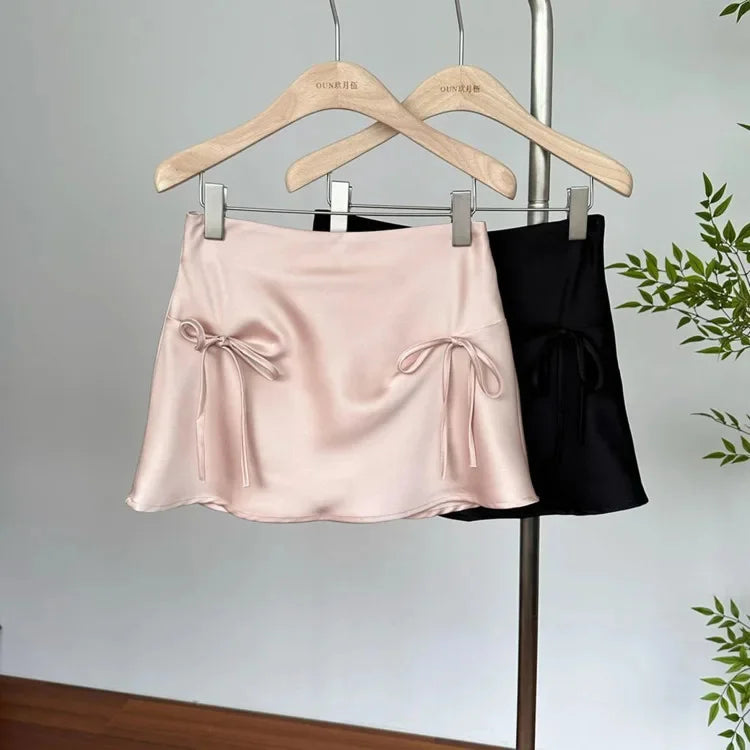 Bow Lace-Up Satin Mini Skirt