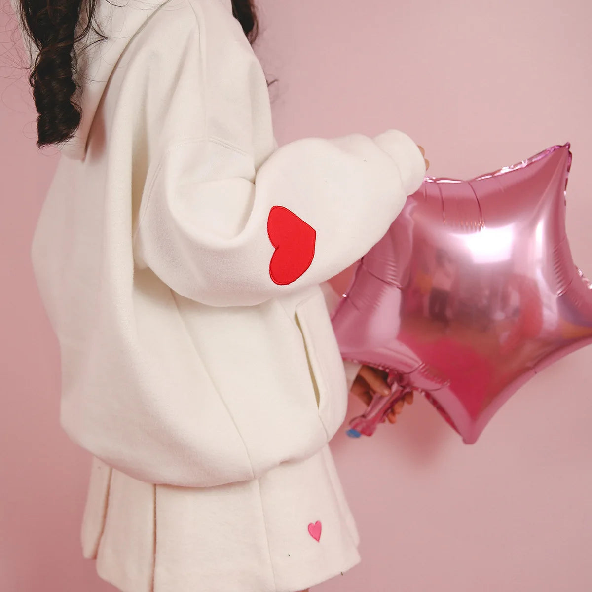 Cute Pink Cotton Hoodie - Love Heart Embroidery