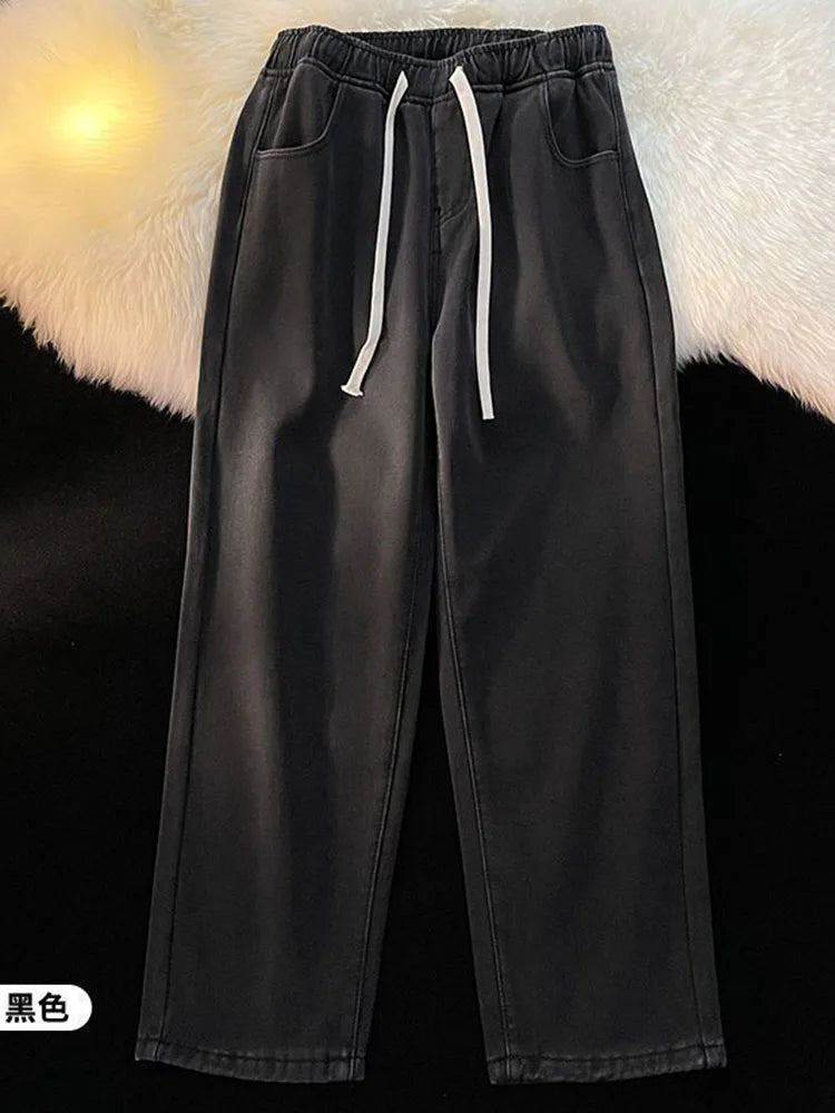 Winter wide-leg plush-lined jeans