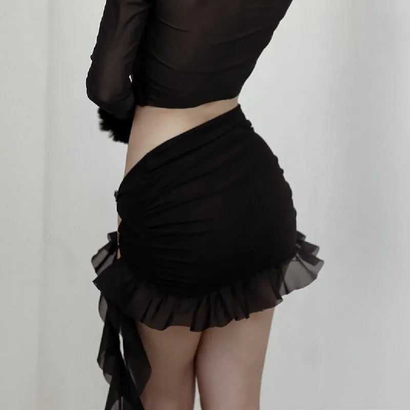 WhereMery - Black Ruffles Hollow Out Skirt