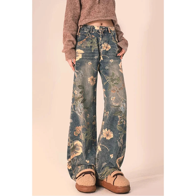 Vintage Floral High-Waist Wide-Leg Jeans