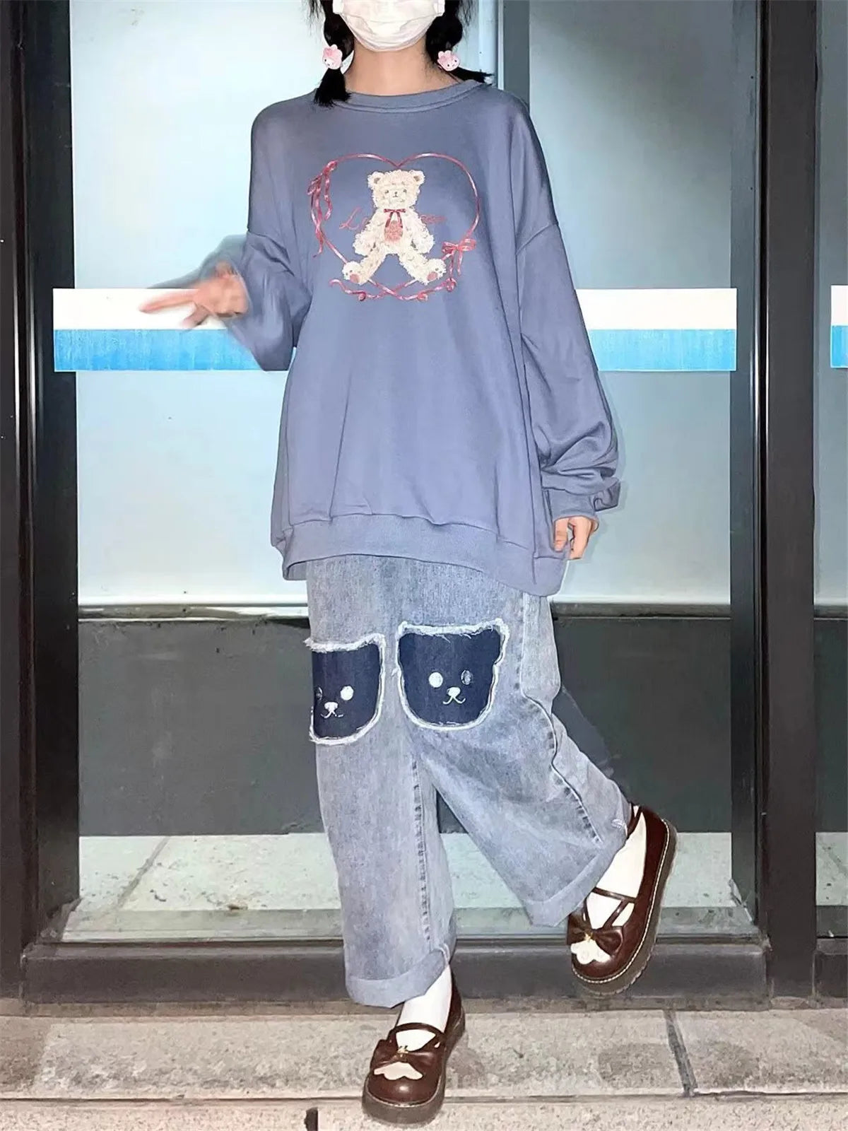 Harajuku-Style Baggy Jeans mit süßem Hip-Hop-Bären-Design