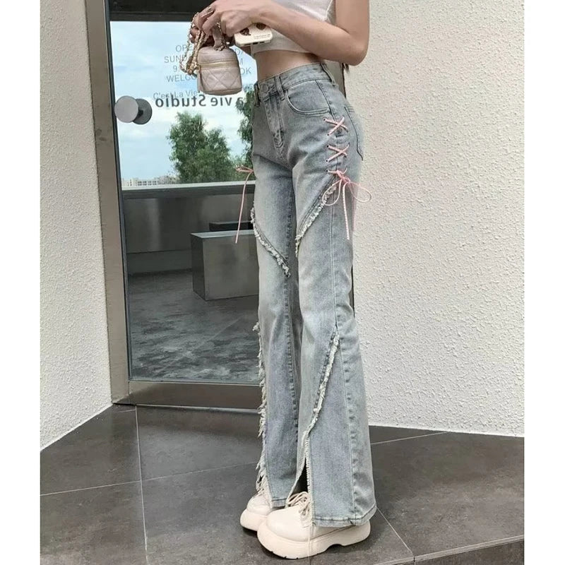 Gidyq - Retro Tassel Split Flared Jeans