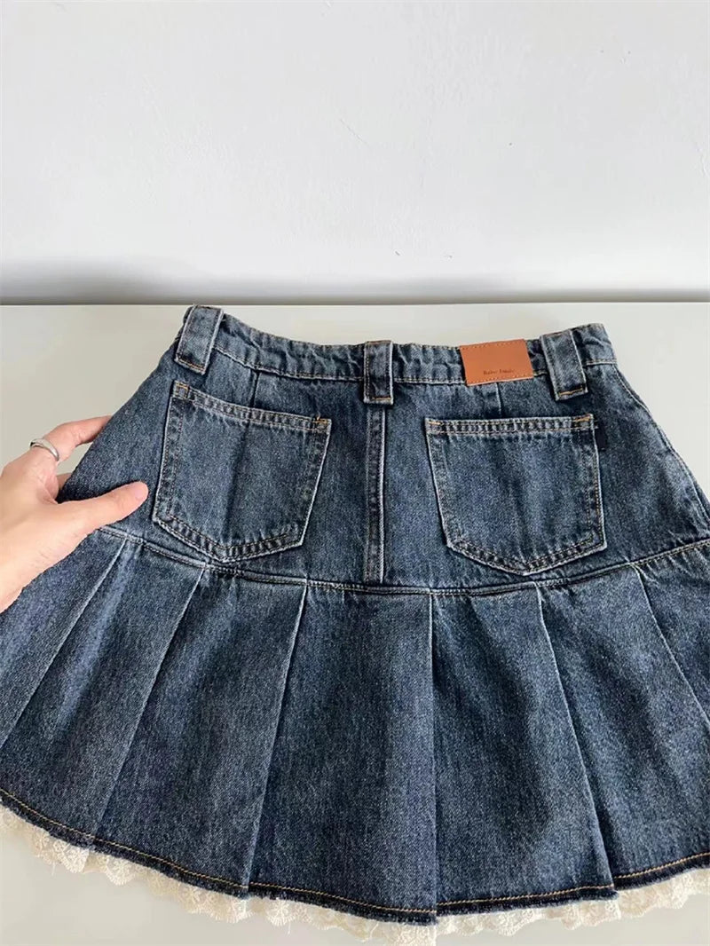 Kawaii Denim Mini Skirt - High-Waist Pleated Y2K Lace Patchwork Skirt