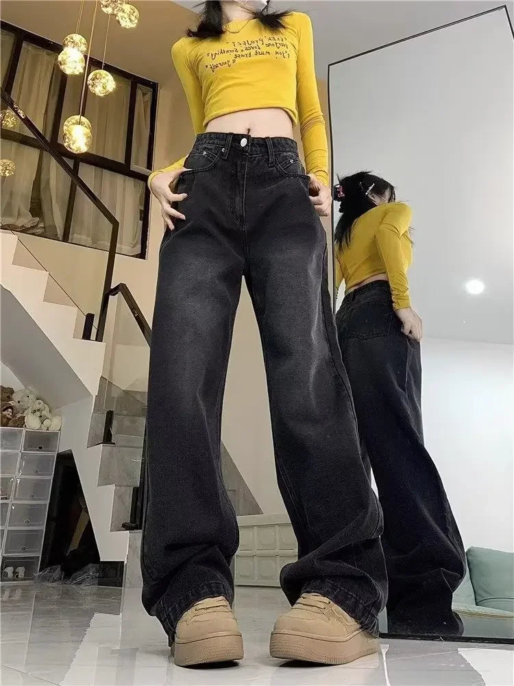 Vintage high-waisted straight-leg fleece-lined jeans 