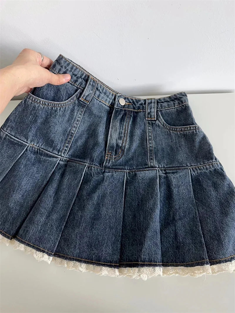 Kawaii Denim Mini Skirt - High-Waist Pleated Y2K Lace Patchwork Skirt