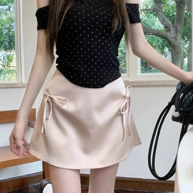 Bow Lace-Up Satin Mini Skirt