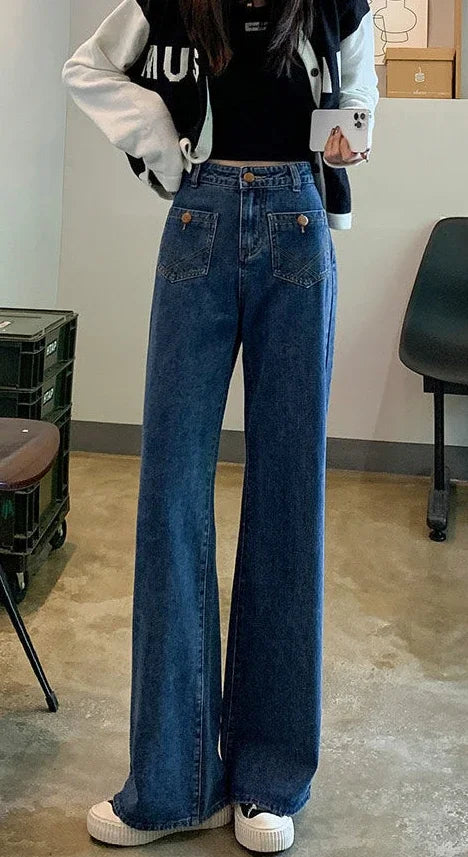 Blue high-waist straight-leg jeans