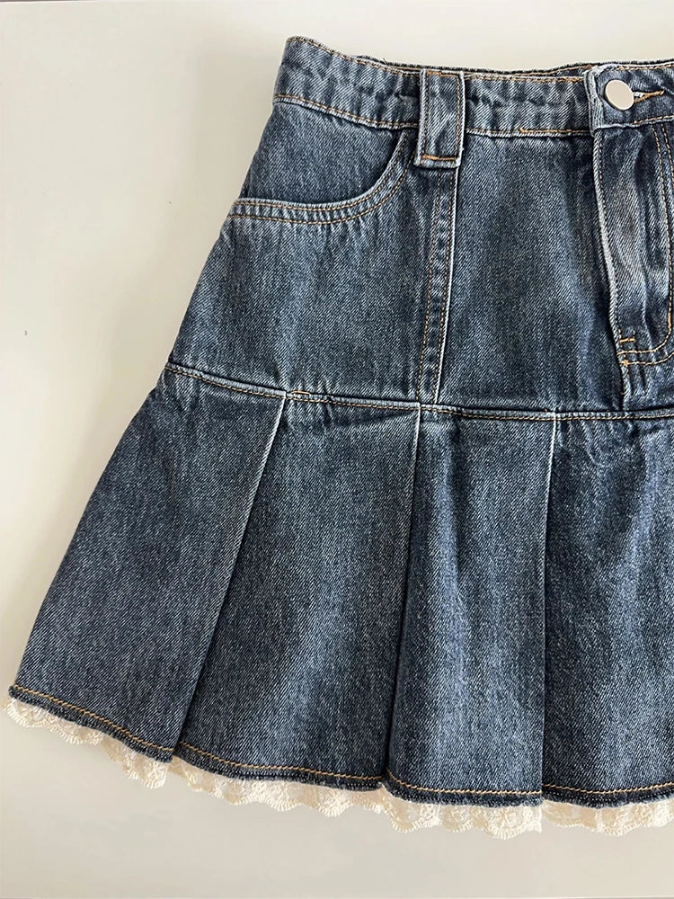 Kawaii Denim Mini Skirt - High-Waist Pleated Y2K Lace Patchwork Skirt